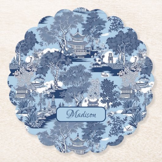Chic Blue White Weilow Chinoiserie Hütte Untersetzer (Vorderseite)
