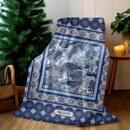 Chic Blue white willow chinoiserie toile monogramm Fleecedecke