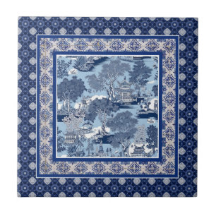 Chic Blue white willow chinoiserie toile monogramm Fliese