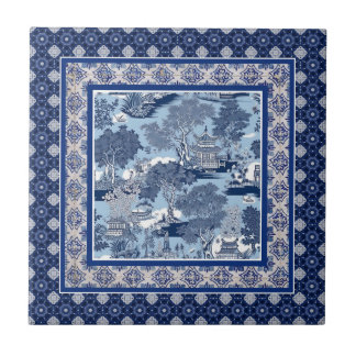 Chic Blue white willow chinoiserie toile monogramm Fliese