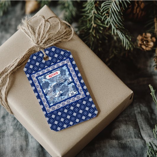 Chic Blue white willow chinoiserie toile monogramm Geschenkanhänger