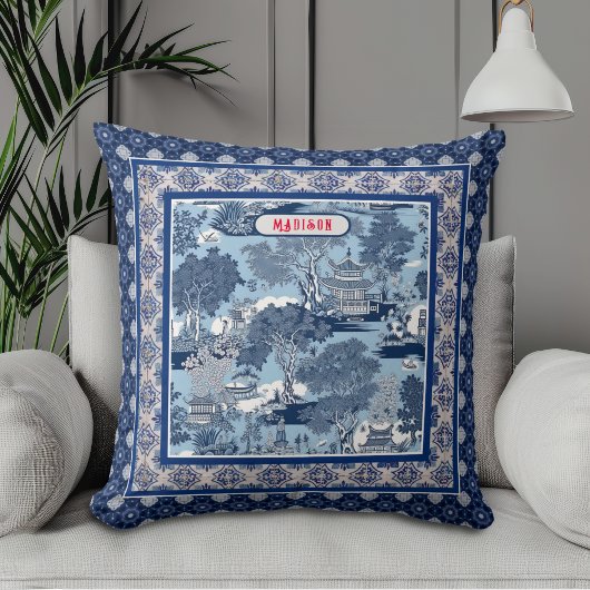 Chic Blue white willow chinoiserie toile monogramm Kissen
