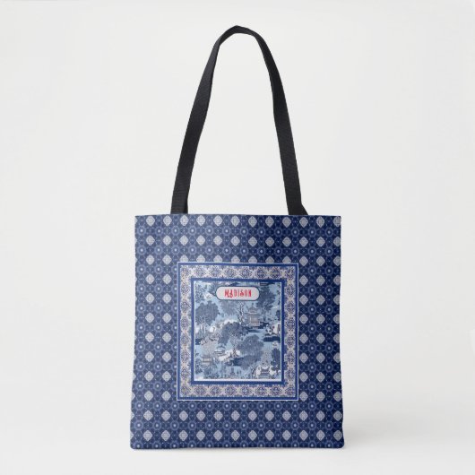 Chic Blue white willow chinoiserie toile monogramm Tasche (Vorderseite)