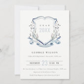 Chic Blue Wildblume Watercolor Wappen Abschluss Einladung (Vorderseite)