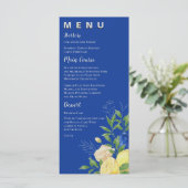 Chic Blue Yellow Floral Lemon Summer Wedding Party Menükarte (Stehend Vorderseite)
