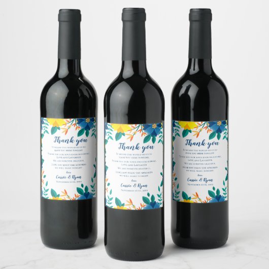 Chic Blue Yellow Floral Wedding Danke für Ihre Nac Weinetikett (Flaschen)