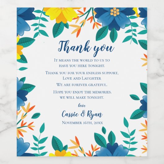 Chic Blue Yellow Floral Wedding Danke für Ihre Nac Weinetikett (Einzelnes Label)