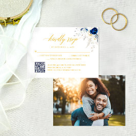 Chic Blue Yellow Floral Wedding QR Code RSVP Card Dankeskarte