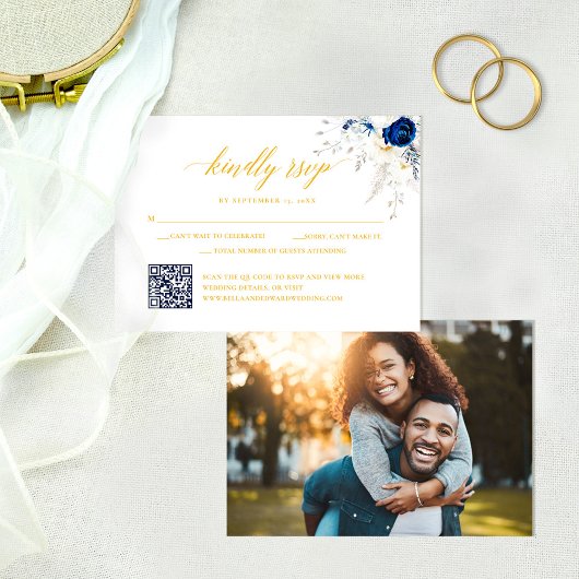 Chic Blue Yellow Floral Wedding QR Code RSVP Card Dankeskarte