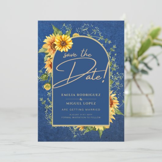 Chic Blue Yellow Sunflowers Wedding All-in-1 Einladung (Stehend Vorderseite)