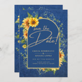 Chic Blue Yellow Sunflowers Wedding All-in-1 Einladung (Vorne/Hinten)