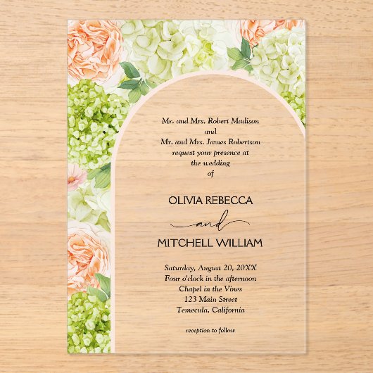 Chic Blume Rosa Arch Wedding Acryleinladungen (Vorderseite)