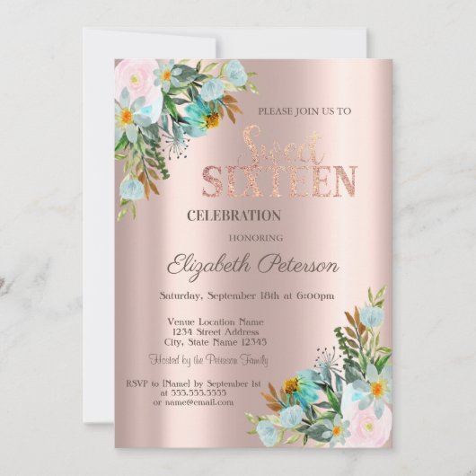 Chic Blume Rose Gold Sweet 16 Einladung (Vorderseite)