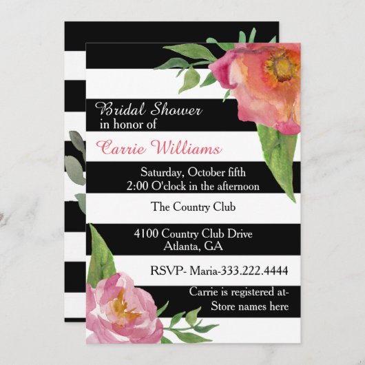 Chic Blume und Streifen Brautdusche Einladung (Vorne/Hinten)