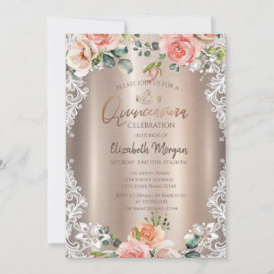 Chic Blumen, Spitze, Tiara Quinceañera  Einladung