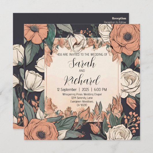 Chic Blumendesign mit Akzenten aus Korallen und Cr Einladung (Vorne/Hinten)