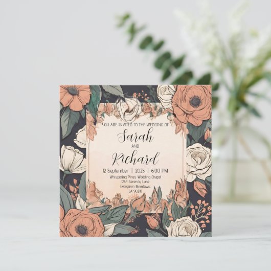 Chic Blumendesign mit Akzenten aus Korallen und Cr Einladung (Stehend Vorderseite)