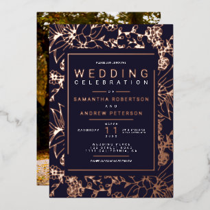 Chic Blumenrahmen Marineblau elegantes HochzeitsFo Folieneinladung