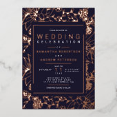 Chic Blumenrahmen Marineblau elegantes HochzeitsFo Folieneinladung (Vorderseite)