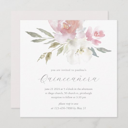 Chic Blush Aquarellfarben Quinceanera Foto Einladung (Vorne/Hinten)