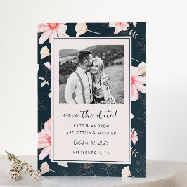 Chic Blush Bloral Blue Wedding Foto Save the Date