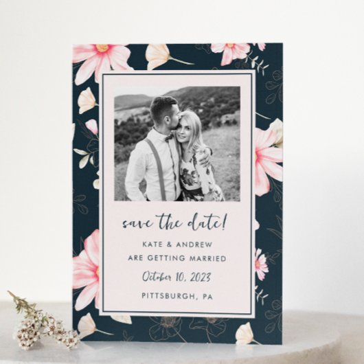 Chic Blush Bloral Blue Wedding Foto Save the Date