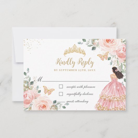 Chic Blush Bloral Prinzessin Quinceañera Gold Crow RSVP Karte (Vorderseite)