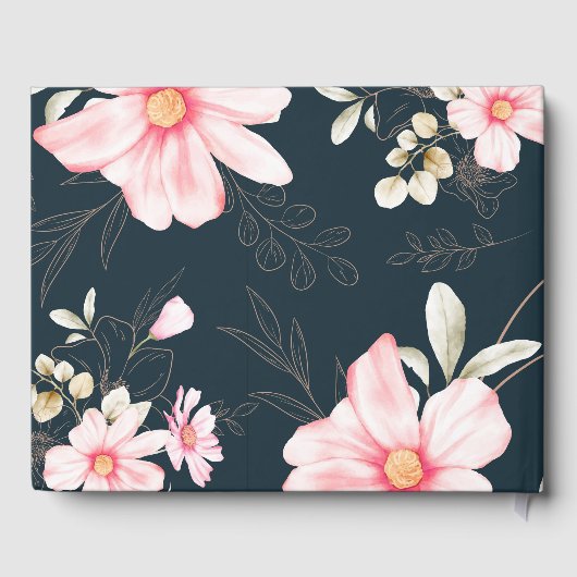 Chic Blush Blue Floral Photo Wedding Gästebuch (Rückseite)