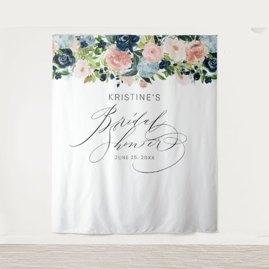 Chic Blush Blue Rose Floral Script Brautparty Wandteppich (Vorderseite)