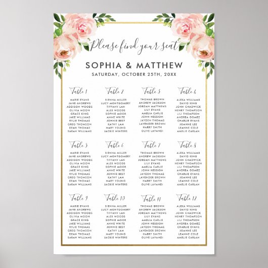 Chic Blush Blues Blume Hochzeitsdiagramm Poster (Vorne)