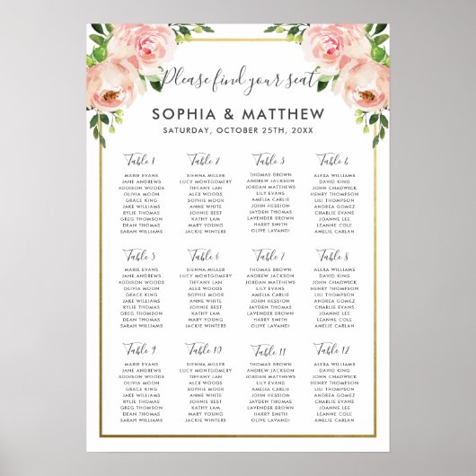 Chic Blush Blues Blume Hochzeitssitzplan A2 Poster (Vorne)