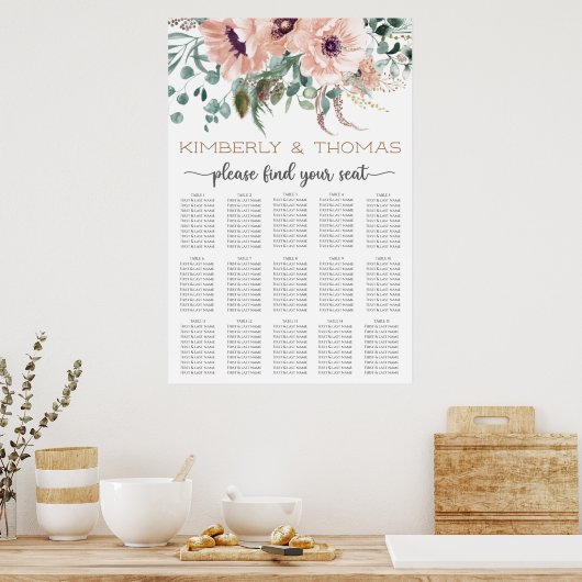 Chic Blush Blues Hochzeitstabelle Poster (Küche)