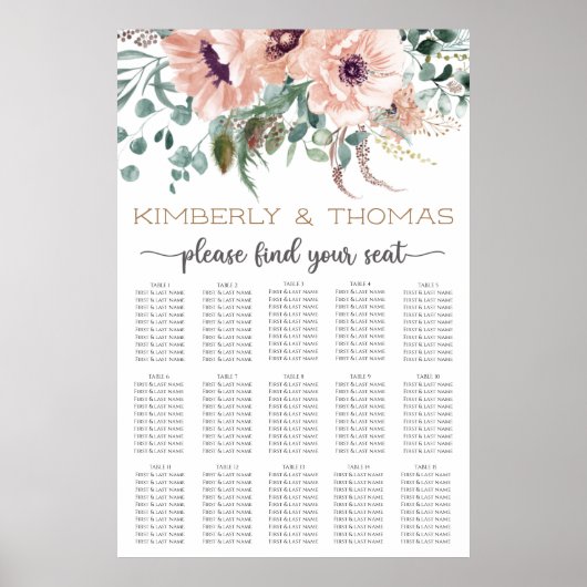 Chic Blush Blues Hochzeitstabelle Poster (Vorne)