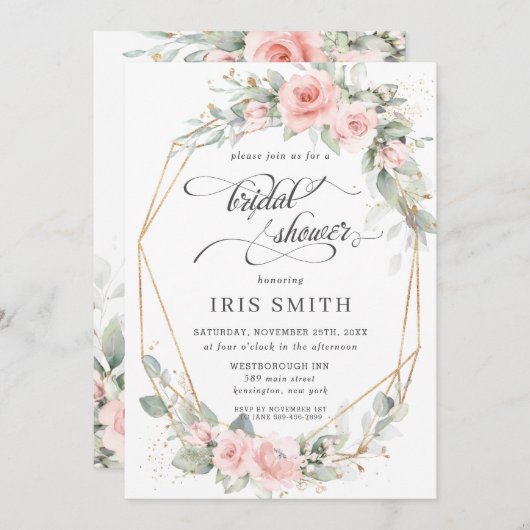 Chic Blush Blumengrün Brautparty Geometric Einladung (Vorne/Hinten)