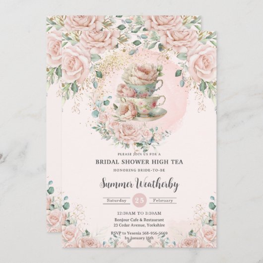 Chic Blush Blumenstrauß Party Brautparty Einladung (Vorne/Hinten)