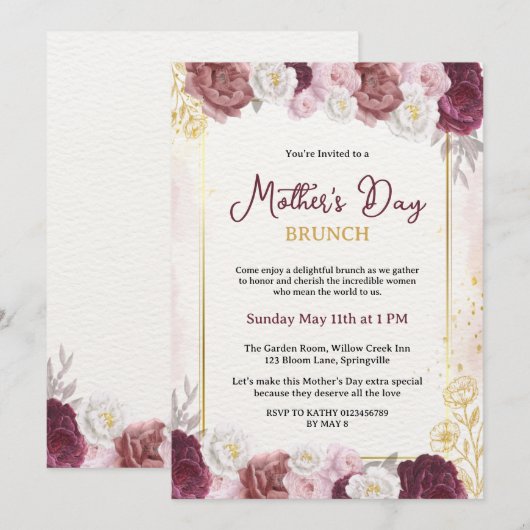Chic Blush Botanical Floral Mother Day Brunch Einladung (Vorne/Hinten)