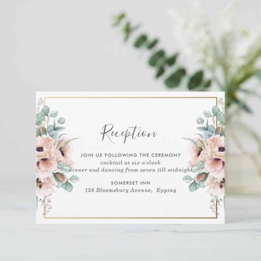 Chic Blush Dusty Pink Floral Hochzeitsempfang Begleitkarte (Stehend Vorderseite)