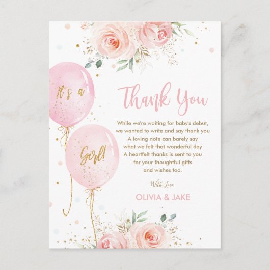 Chic Blush Floral Balloons Babydusche Vielen Dank Postkarte (Vorderseite)
