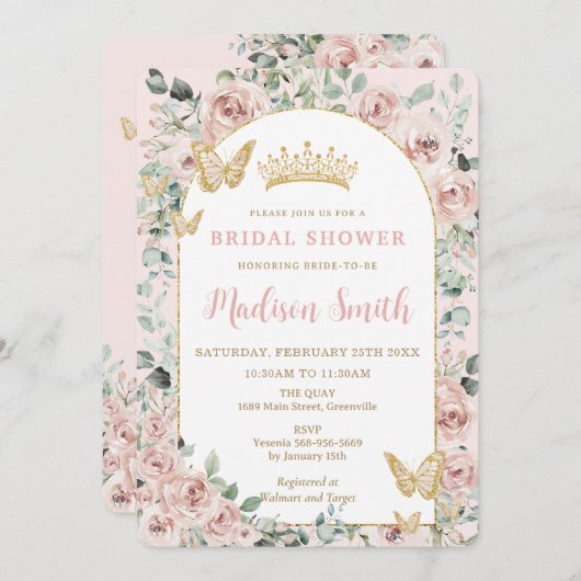 Chic Blush Floral Butterfells Royal Brautparty Einladung (Vorne/Hinten)