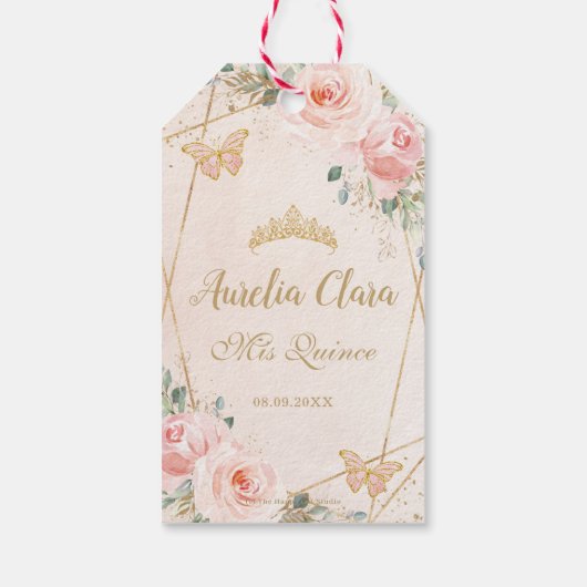 Chic Blush Floral Butterfliegen Quinceanera Gefall Geschenkanhänger (Rückseite)