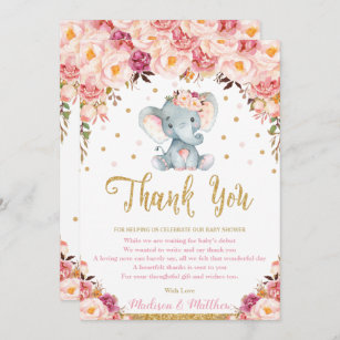 Chic Blush Floral Elephant Baby Dusche Geburtstag Dankeskarte