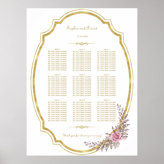 Chic Blush Floral Gold Rahmen Seekarte Poster (Vorne)