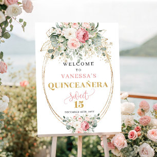 Chic Blush Floral Greenery Quinceañera Willkommen Poster