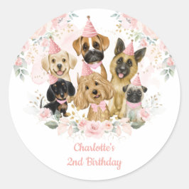 Chic Blush Floral Hunde Welpen Geburtstagsparty Runder Aufkleber