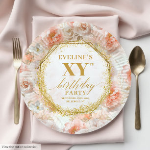 Chic Blush Floral Ivory Gold Geburtstagspapier-Tel Pappteller