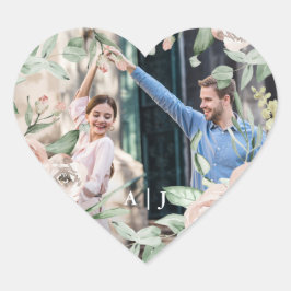 Chic Blush Floral mit Monogram Foto Wedding Herz-Aufkleber