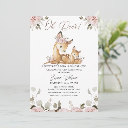 Chic Blush Floral Oh Deer Baby Dusche Einladung (Stehend Vorderseite)