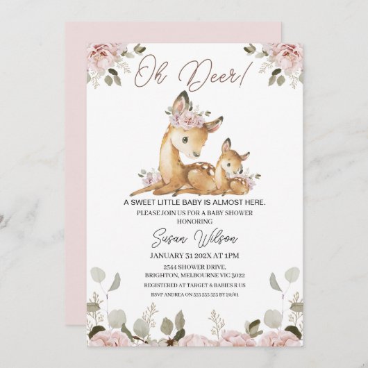 Chic Blush Floral Oh Deer Baby Dusche Einladung (Vorne/Hinten)