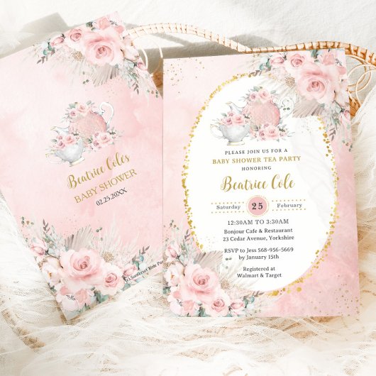 Chic Blush Floral Pampas Tea Party Babydusche Einladung