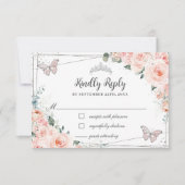 Chic Blush Floral Silver QUINCEAÑERA Schmetterling RSVP Karte (Vorderseite)